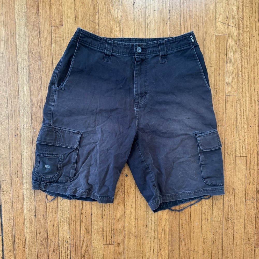 Split Cargo Shorts Mens 32 Black Fair Insane Fade Y2K Skate Distressed Baggy